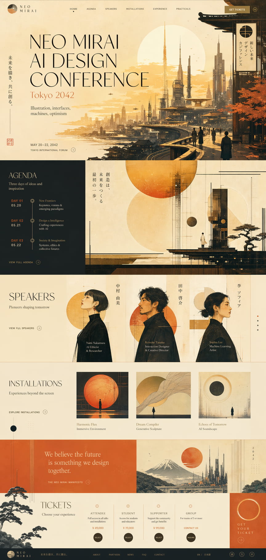 Neo Mirai mockup: delicate lettering over an illustrated futuristic city, followed by an asymmetrical agenda section.